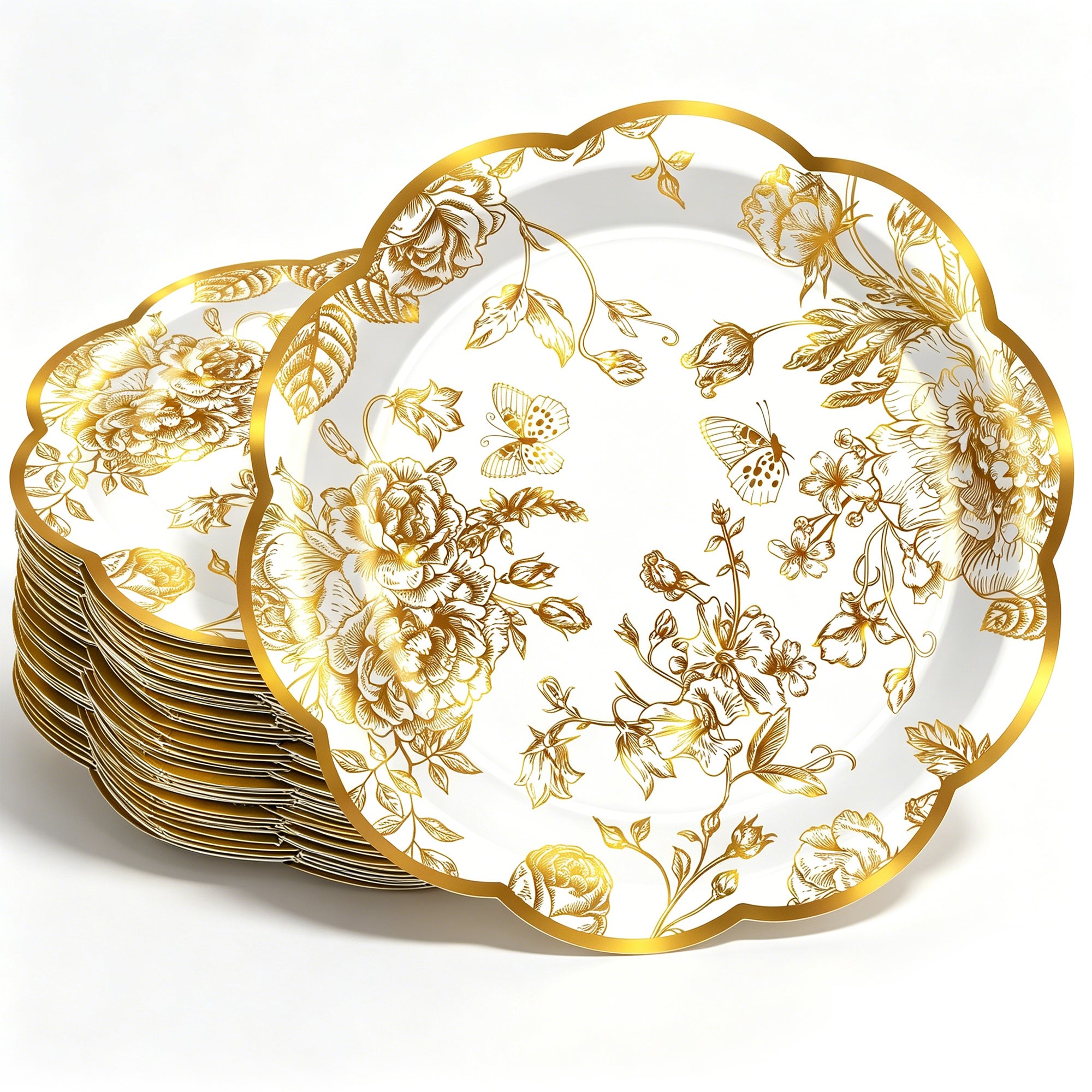 Solvya Gold Floral Party Plates 7 Inch Vintage Tea Party Plates Disposable Paper Plate for Birthday Wedding Bridal Garden Table Decoration
