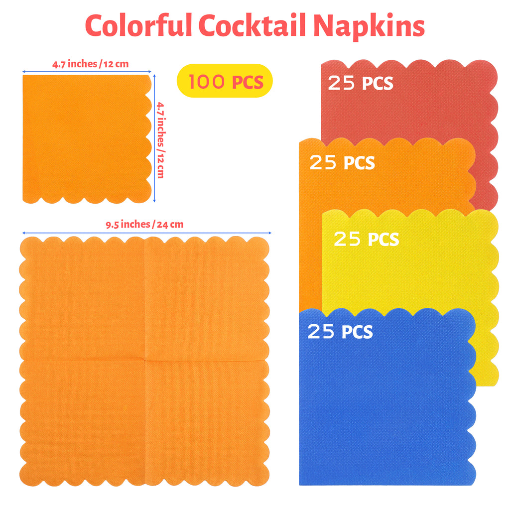 Solvya 100 Pieces Cocktail Napkin Colorful Rainbow Paper Napkins Beverage Luncheon Paper Napkins 2-Ply Dinner Napkin for Wedding Birthday Party Favors, 4 Neon Colors