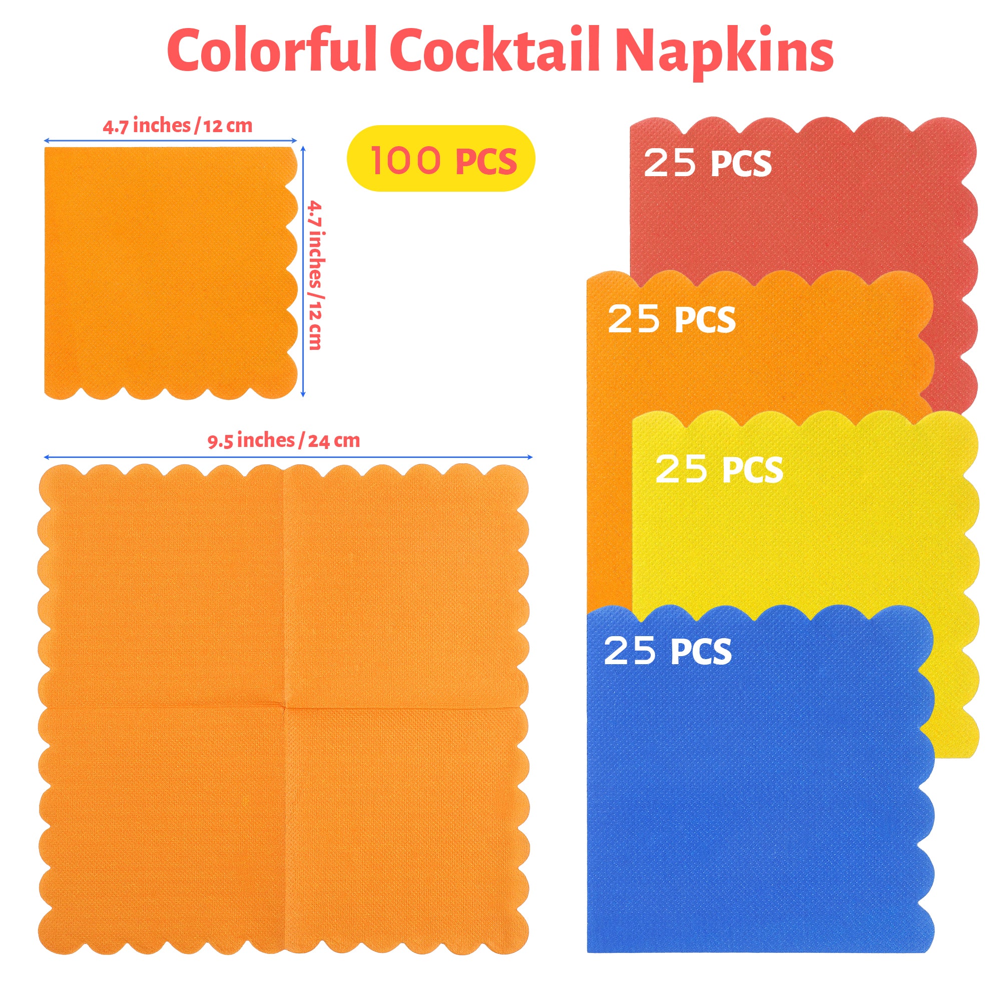 Solvya 100 Pieces Cocktail Napkin Colorful Rainbow Paper Napkins Beverage Luncheon Paper Napkins 2-Ply Dinner Napkin for Wedding Birthday Party Favors, 4 Neon Colors
