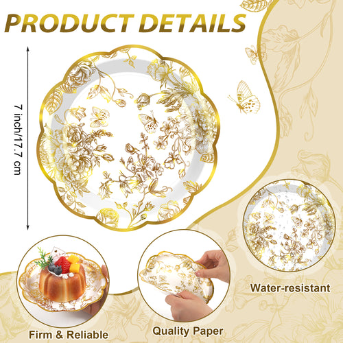 Solvya Gold Floral Party Plates 7 Inch Vintage Tea Party Plates Disposable Paper Plate for Birthday Wedding Bridal Garden Table Decoration