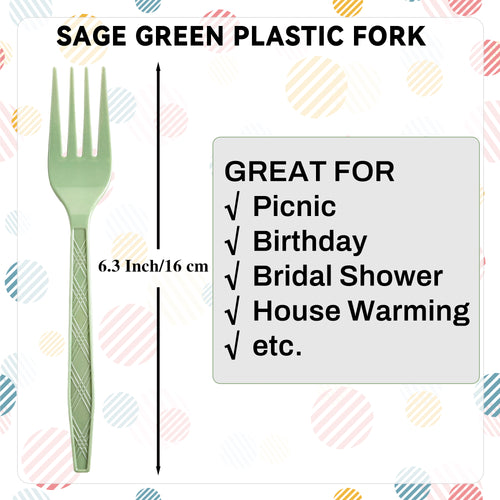 Solvya 10 Pieces Sage Green Plastic Forks 6.3 Inch Disposable Plastic Utensils Heavy Duty Flatware for Birthday Wedding Baby Shower Party, Picnic