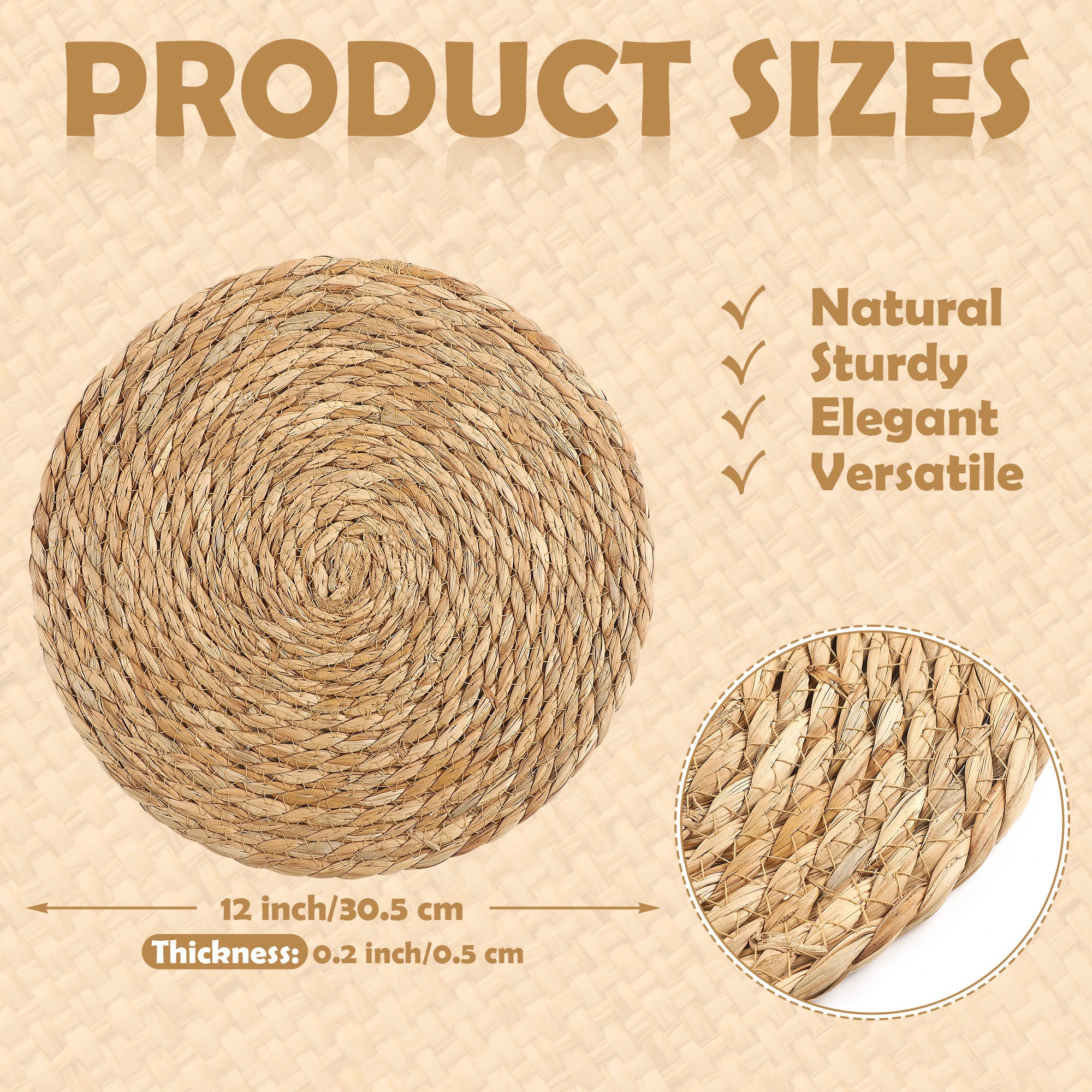 Solvya Round Woven Placemats 12 Inch Farmhouse Rustic Place Mats Natural Hand-Woven Water Hyacinth Table Mats for Home Wedding Dining Table Decor