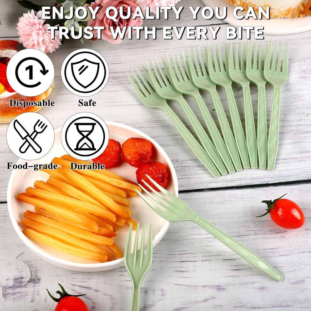 Solvya 10 Pieces Sage Green Plastic Forks 6.3 Inch Disposable Plastic Utensils Heavy Duty Flatware for Birthday Wedding Baby Shower Party, Picnic